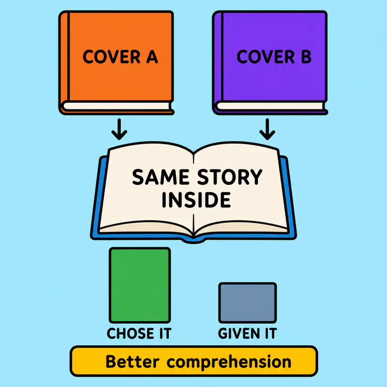 Infographic showing two identical books in different covers and the comprehension difference between chosen and assigned
