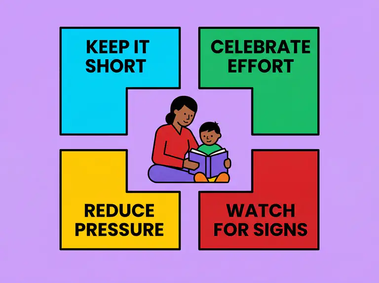 Illustration of parent and child reading together with supportive strategies