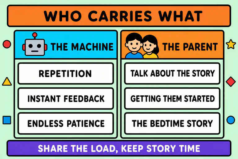 A division of labor diagram headed who carries what, with the machine holding repetition, instant feedback and endless patience, and the parent holding talk about the story, getting started and the bedtime story