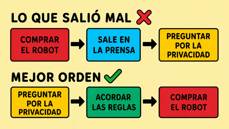 Ilustración que compara dos órdenes de trabajo: comprar el robot y después preguntar por la privacidad, o preguntar por la privacidad y después comprar