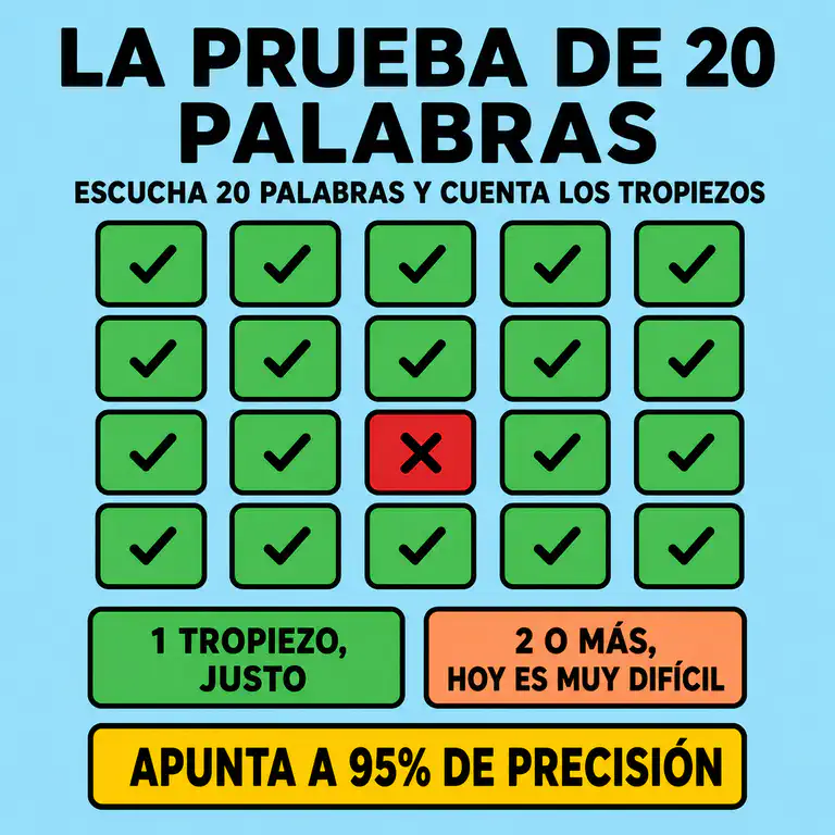 Ilustración de la prueba de precisión con veinte palabras y un solo error permitido