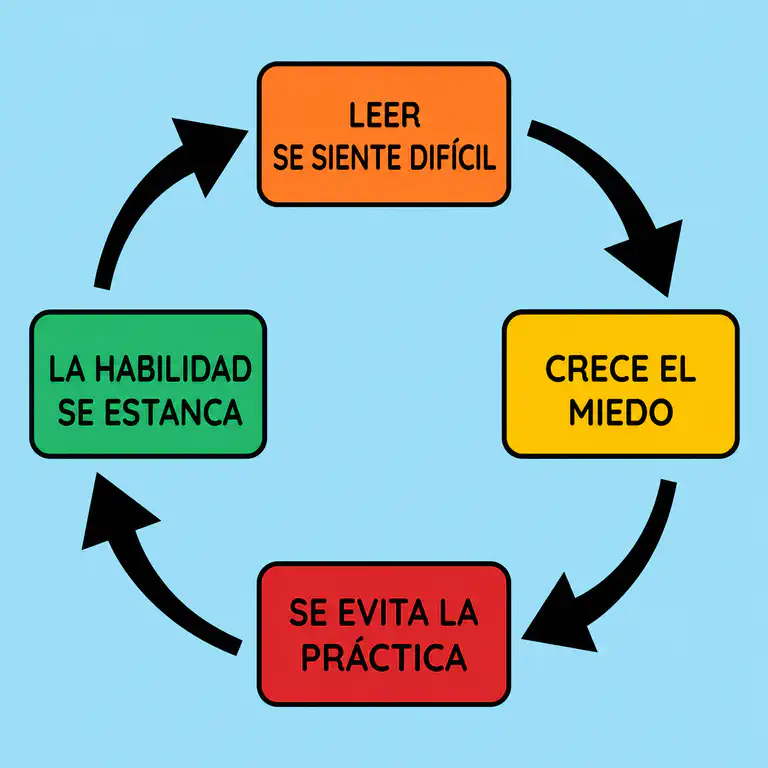 Diagrama circular que muestra el ciclo que se refuerza a sí mismo entre leer se siente difícil, crece el miedo, se evita la práctica y la habilidad se estanca