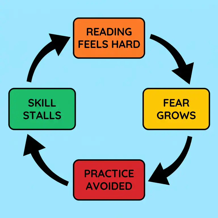 A circular diagram showing the reinforcing loop between reading feeling hard, fear growing, practice being avoided, and reading skill stalling