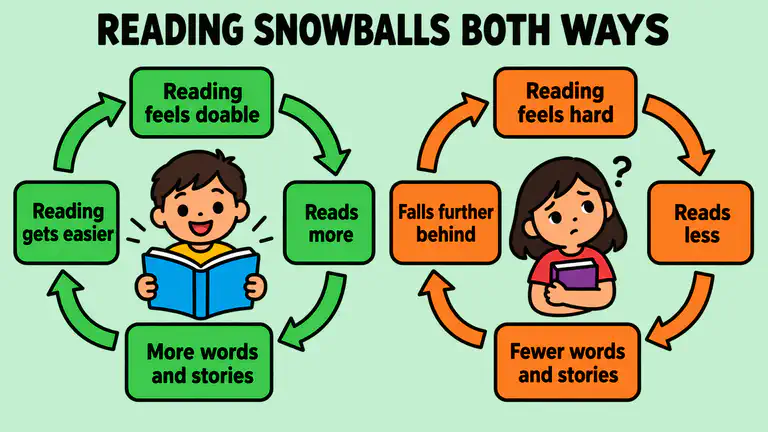 Two loops showing how reading snowballs both ways. In the top loop, a child who finds reading doable reads more, picks up more words and stories, and finds reading easier. In the bottom loop, a child who finds reading hard reads less, picks up fewer words and stories, and falls further behind