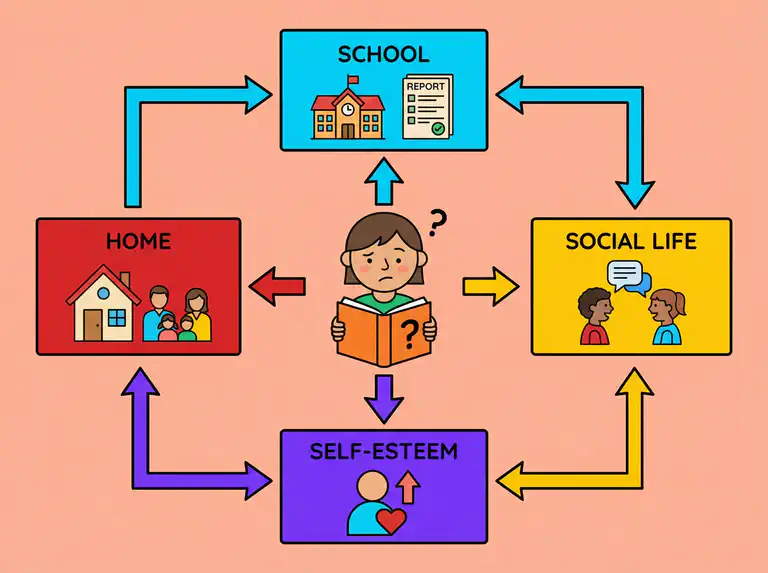 Illustration showing how reading difficulties can affect different areas of a child&rsquo;s life