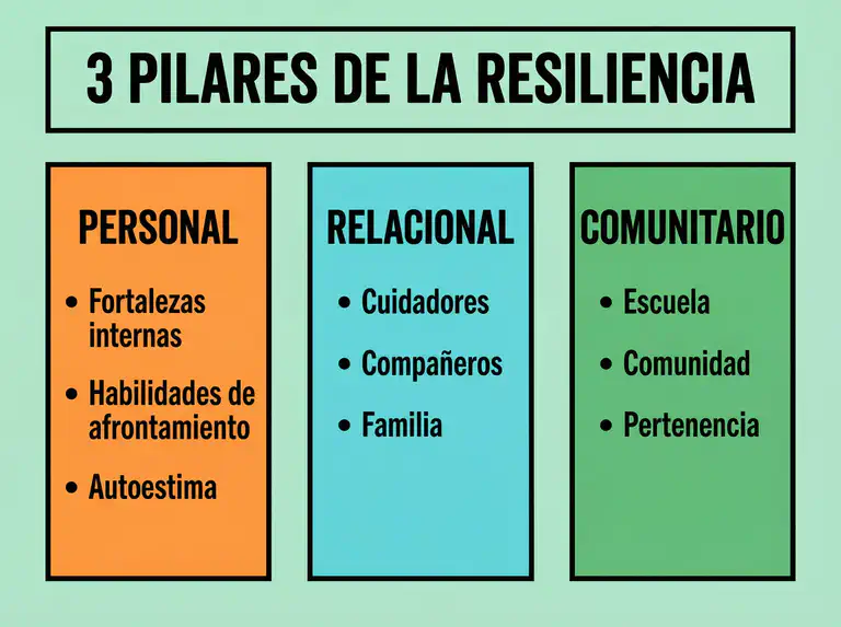 Ilustración educativa con tres pilares de la resiliencia: Personal (fortalezas internas), Relacional (relaciones de apoyo), Comunitario (conexiones con la escuela y el barrio), sobre fondo verde menta