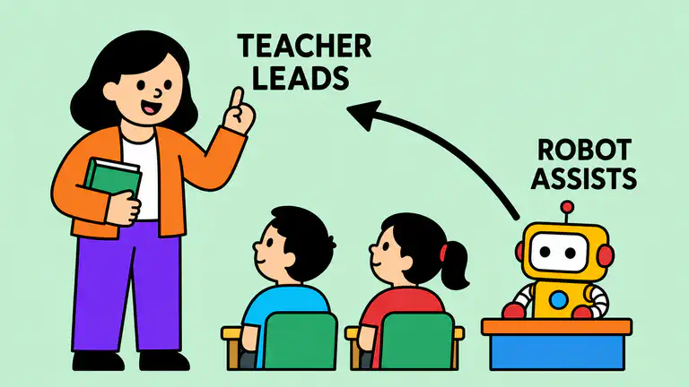 An illustration of a small friendly robot sitting on a classroom desk beside a human teacher, with the teacher clearly leading the lesson