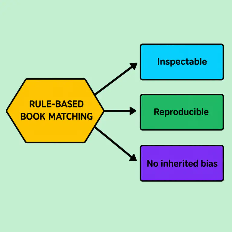 Rule-based book matching is inspectable, reproducible, and cannot inherit bias from historical data