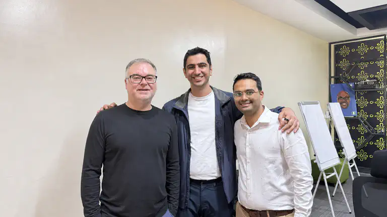 Adrian DeWitts of Bookbot (left) with Ahmad Jawad Asghar of the Gates Foundation (centre) and Shivad Singh (right) at the SEF onboarding in Nairobi