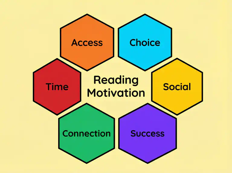 Flat infographic showing six hexagonal principles of the Love to Read program: Access, Choice, Time, Connection, Social, Success