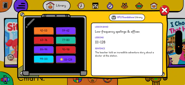 The Bookbot app’s library of books for UFLI Foundations lessons, showing eight lesson bands from 42-53 to 111-128 and the Lessons 111-128 band selected, with a sample sentence: “The teacher told an incredible adventure story about a doctor at the station.”