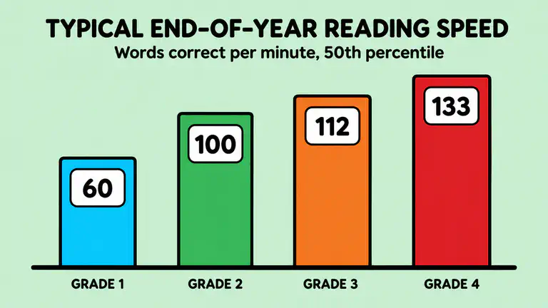 Bar chart of end-of-year words correct per minute, 60 in Grade 1 rising to 133 in Grade 4