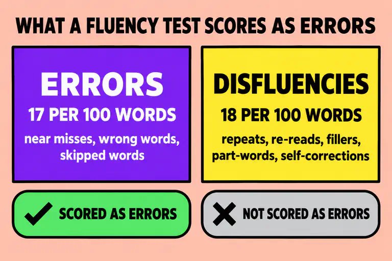 Two blocks of equal size, errors at about 17 per 100 words and disfluencies at about 18 per 100 words, with only the errors block marked as scored as errors by a fluency test