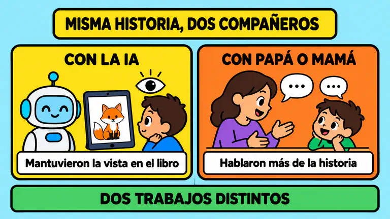 Dos paneles con el título misma historia, dos compañeros: con la IA, los niños mantuvieron la vista en el libro; con papá o mamá, hablaron más de la historia; abajo, un letrero dice dos trabajos distintos