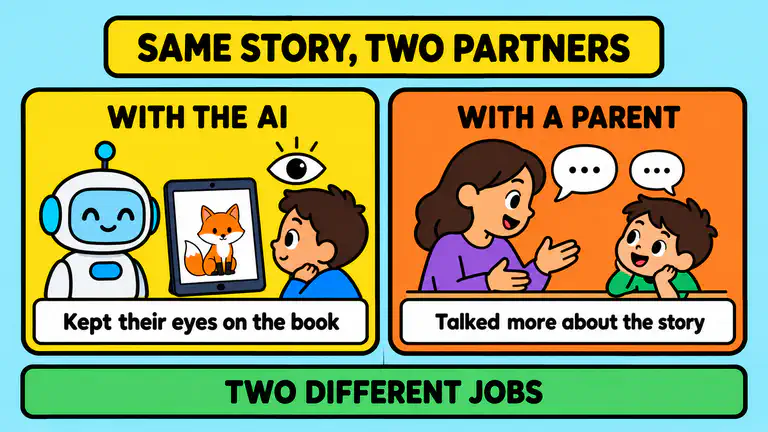 Two panels headed same story, two partners: with the AI, children kept their eyes on the book; with a parent, children talked more about the story; a banner below reads two different jobs