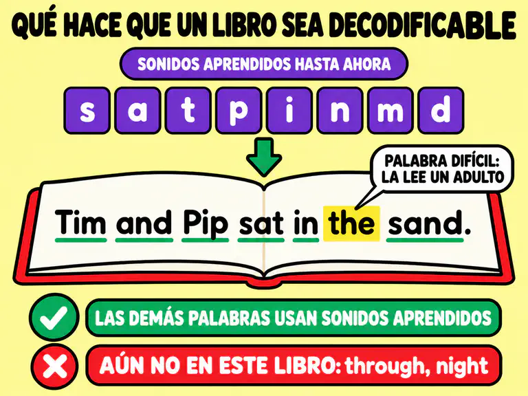 Diagrama con los sonidos aprendidos hasta ahora, s a t p i n m d, una página que dice Tim and Pip sat in the sand con la palabra difícil the marcada para que la lea un adulto, y through y night como palabras que aún no están en el libro