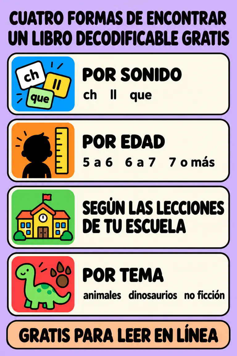 Cuatro formas de encontrar un libro decodificable gratis: por sonido, por edad, según las lecciones de tu escuela y por tema